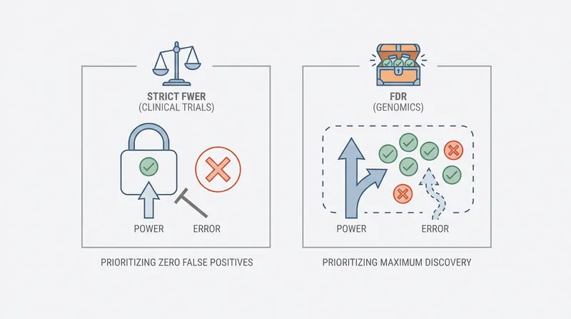Regulators demand strict FWER for drug approvals, while exploratory science relies on FDR.