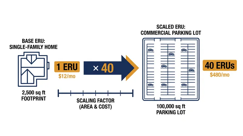 Commercial properties are billed proportionally by dividing their total impervious area by the city's ERU baseline.