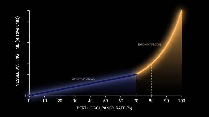 As berth occupancy exceeds 70 percent, vessel waiting times increase exponentially rather than linearly.