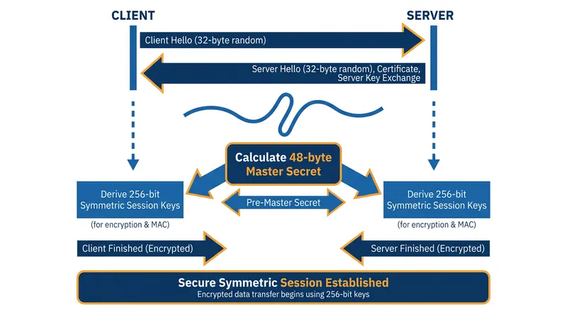 The client and server exchange random values and a premaster secret to derive the final session keys.