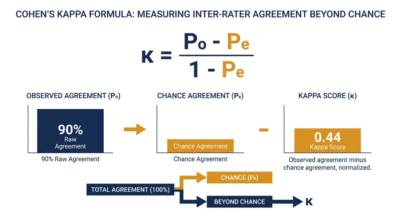In an imbalanced dataset, a 90% raw agreement rate can drop to a 0.44 Kappa score once chance is removed.