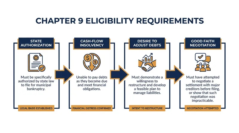 The four statutory thresholds a municipality must cross before a federal judge will approve a Chapter 9 petition.