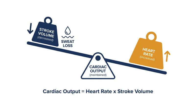 As stroke volume drops from fluid loss, heart rate must rise to maintain total cardiac output.