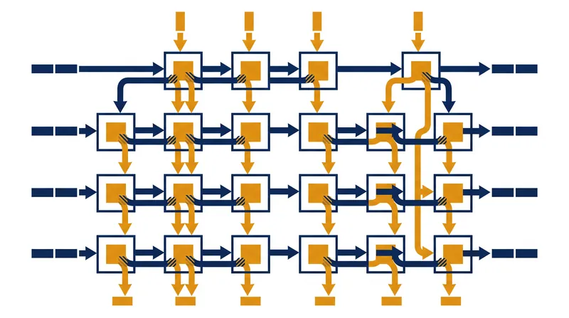 Data pumps through the processing elements rhythmically, passing results directly to neighboring nodes without returning to main memory.