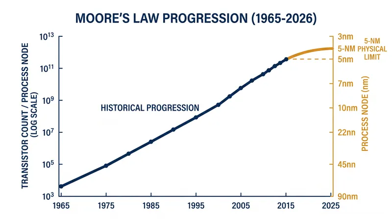 The exponential growth predicted by Moore's Law is mathematically flattening as transistors reach atomic scales.