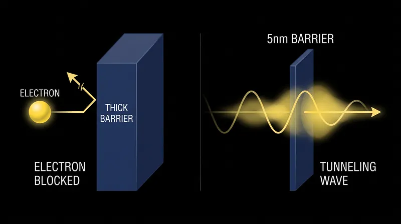 At 5 nanometers, the physical barrier becomes so thin that electrons can bypass it entirely via quantum tunneling.