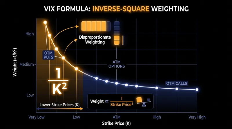 The VIX formula weights options inversely proportional to the square of their strike price, amplifying the impact of downside protection.