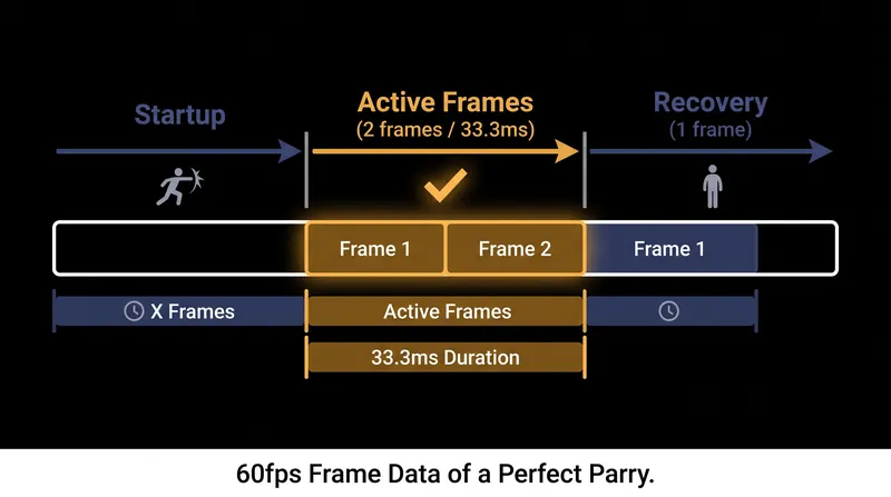 At 60 frames per second, a two-frame Perfect Parry window lasts exactly 33.3 milliseconds.