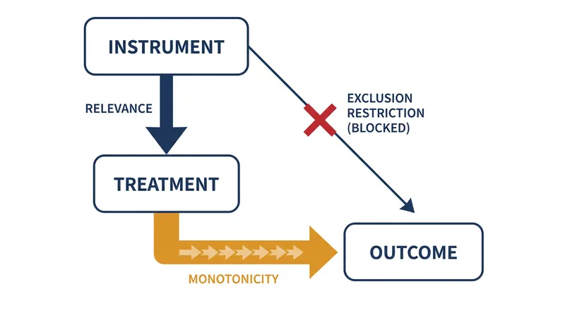 The three mathematical conditions required to validate an instrumental variable.