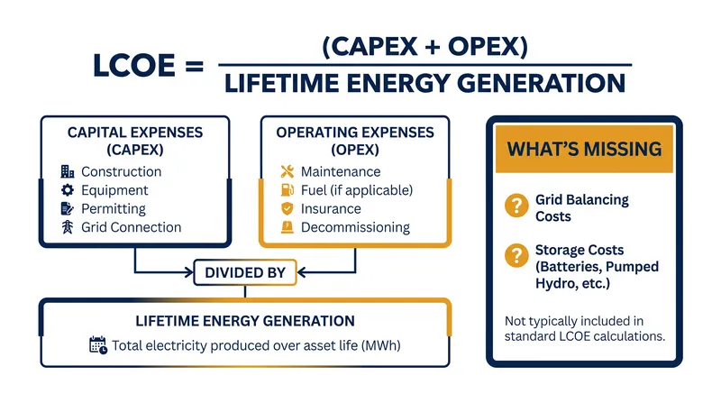 LCOE measures the cost to produce electricity, but ignores the systemic costs of integrating it into the grid.