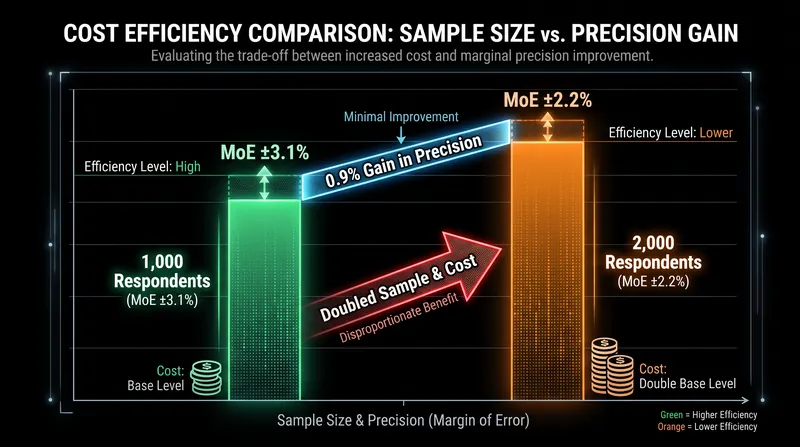 Doubling a survey's sample size from 1,000 to 2,000 respondents reduces the margin of error by less than one percentage point.