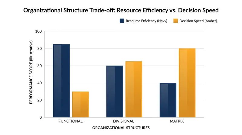 Functional structures maximize resource efficiency, while divisional structures prioritize localized decision speed.
