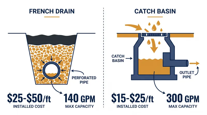 French drains intercept subsurface water along a trench, while catch basins swallow surface water at a single low point.
