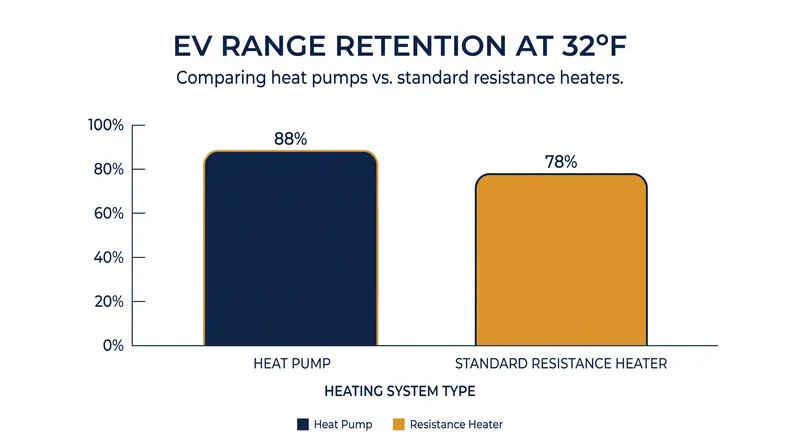 Heat pumps actively recover thermal energy, extending winter range by up to 10 percent.