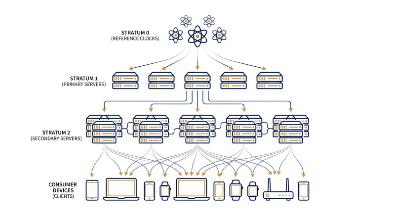The Stratum hierarchy distributes precision time from isolated atomic clocks down to consumer devices.