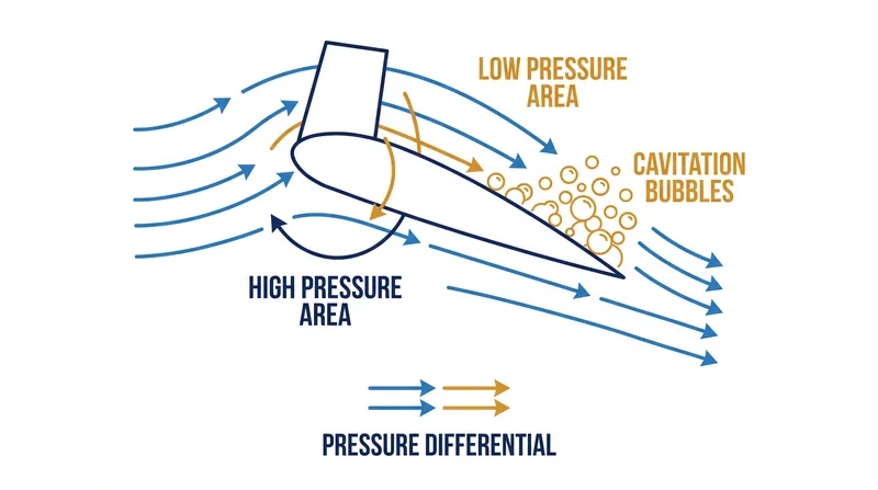 Cavitation occurs when extreme low pressure causes water to boil against the blade surface.