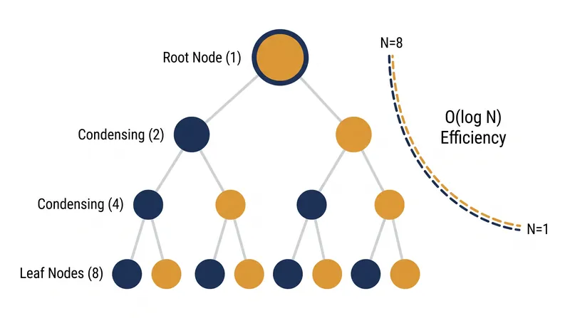 By pairing and hashing nodes at each level, the tree halves the required data at every step.