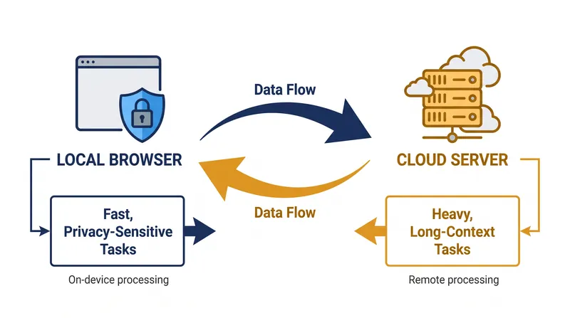 Hybrid architectures route lightweight tasks to the local browser while offloading heavy computation to the cloud.