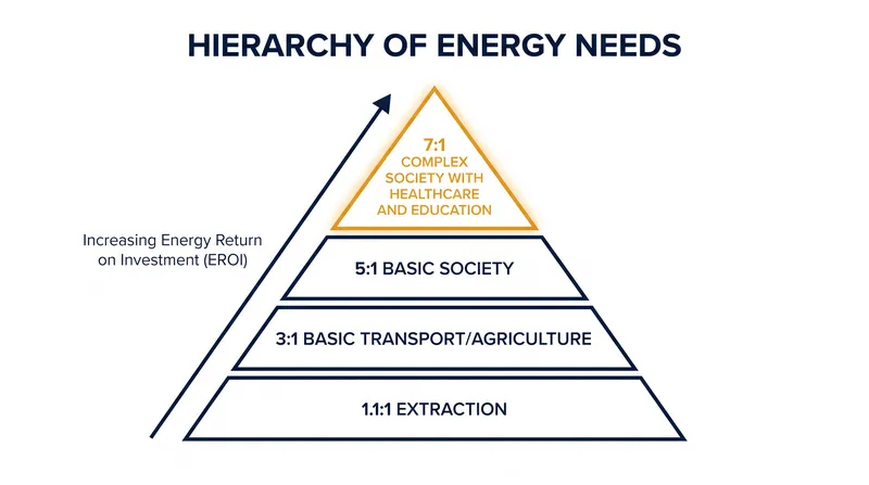 The hierarchy of energy needs demonstrates how higher EROI ratios unlock advanced societal functions.