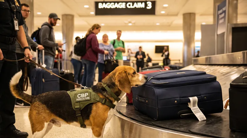 CBP agricultural specialists and trained canines screen arriving luggage for prohibited meats, fruits, and vegetables.