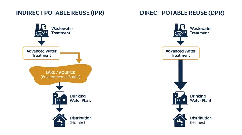 The presence or absence of an environmental buffer is the defining difference between indirect and direct potable reuse.