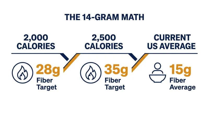 The Academy of Nutrition and Dietetics recommends 14 grams of fiber for every 1,000 calories consumed.