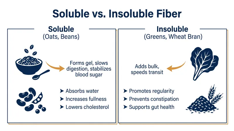 Both forms of fiber count toward the 14-gram threshold, but they perform different mechanical roles in the gut.
