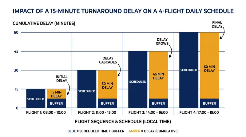 How a single turnaround delay cascades through a daily flight schedule.
