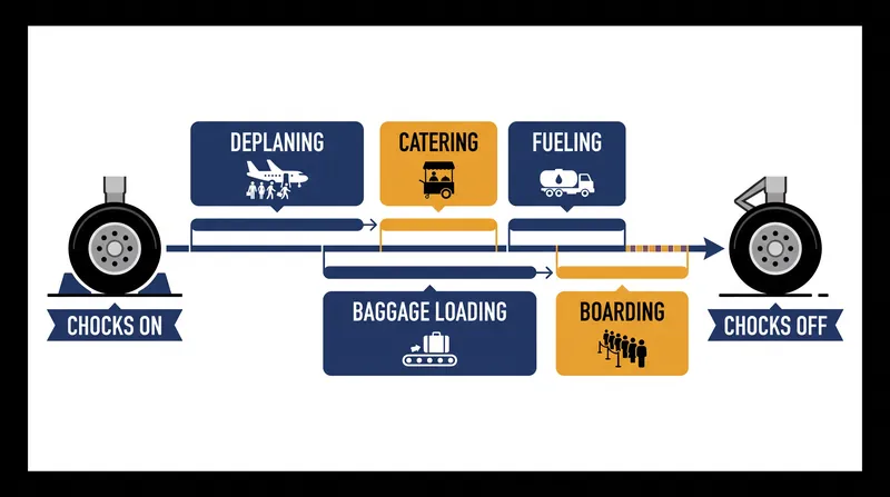 The critical path of a 30-minute regional aircraft turnaround.
