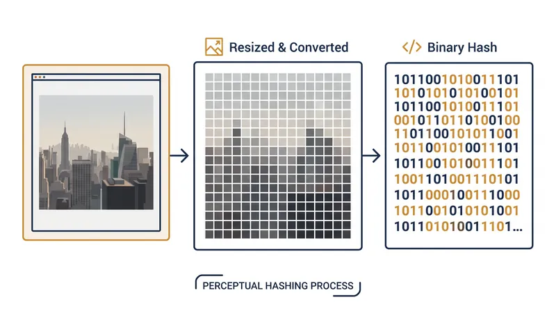 Perceptual hashing reduces an image to a low-frequency greyscale grid before converting it to a binary string.