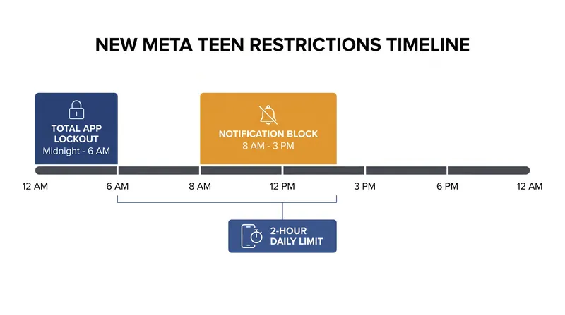 The new default schedule for users under 18 on Facebook and Instagram.