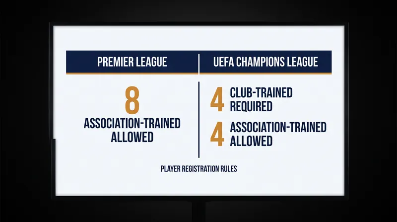 UEFA's strict club-trained mandate creates a tighter registration bottleneck than the Premier League's broader rule.