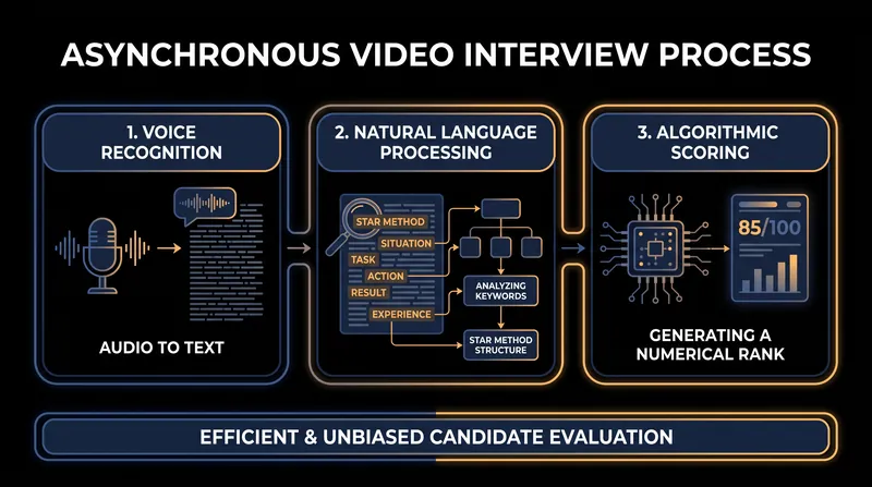 The three-step algorithmic evaluation process used by most asynchronous video platforms.