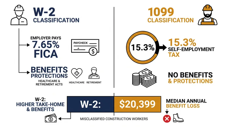Misclassification shifts the 15.3% payroll tax burden and structural benefit costs directly to the worker.