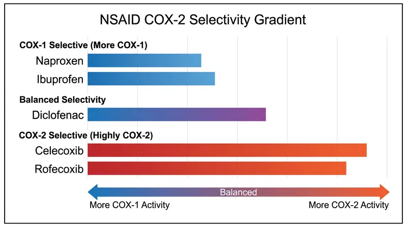NSAIDs exist on a spectrum of selectivity, with each drug carrying a unique ratio of COX-1 to COX-2 inhibition.