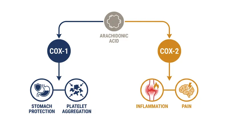 COX-1 maintains the stomach lining, while COX-2 drives inflammation and pain.