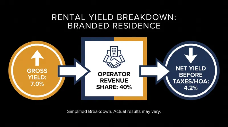 How operator revenue shares impact the net rental yield of a branded residence.
