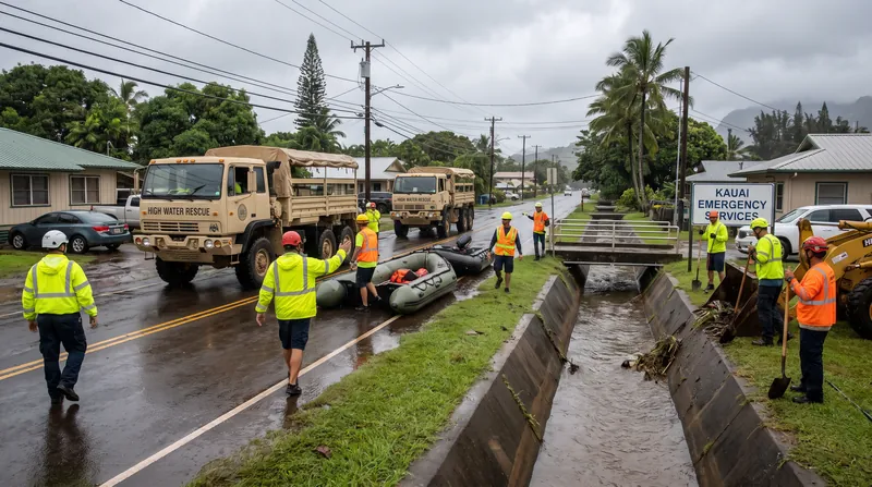 Local authorities in Kauaʻi have mobilized high-water vehicles and begun clearing flood-prone infrastructure.