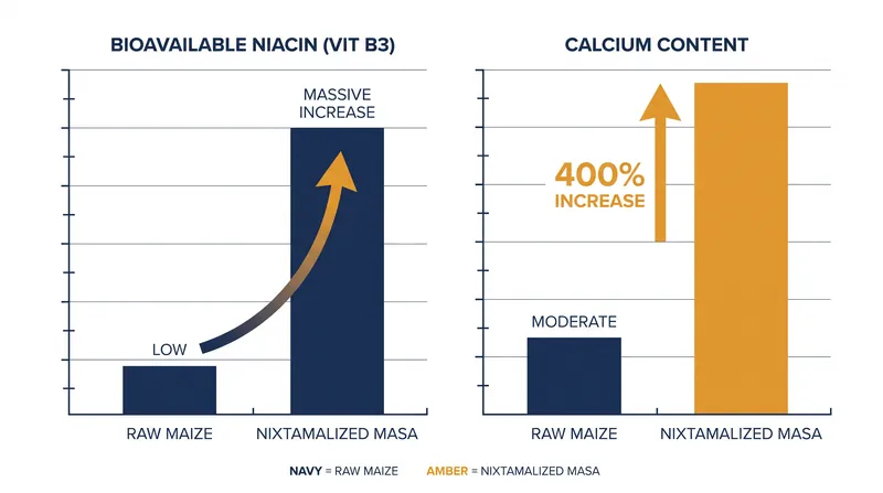 Nixtamalization drastically increases the bioavailability of niacin and infuses the grain with dietary calcium.