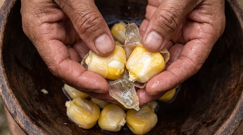Once the hemicellulose bonds are broken, the tough outer hull slips off the kernel easily.