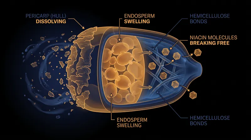 The alkaline steep dissolves the tough pericarp and severs the chemical bonds that trap essential B vitamins.