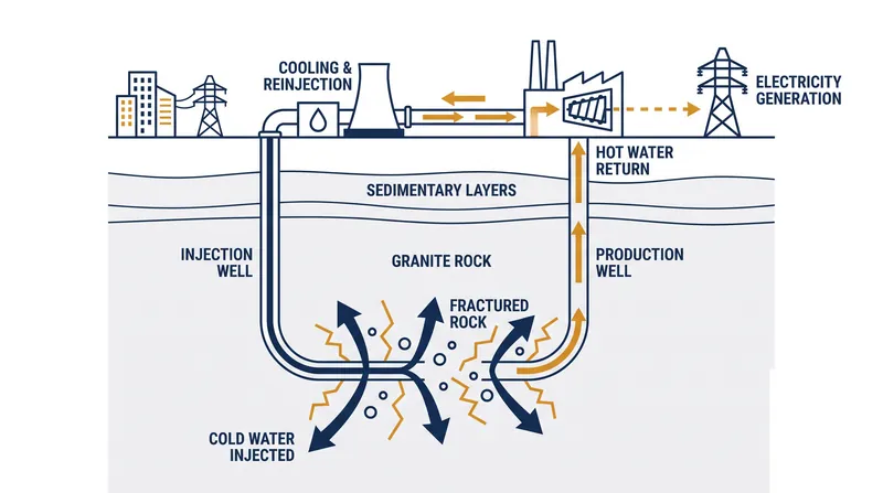 Enhanced geothermal systems bypass the need for natural underground reservoirs by fracturing hot, dry rock to create a synthetic heat exchanger.