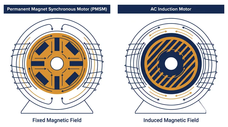 Induction motors rely on electrical current to generate a magnetic field in the rotor, while permanent magnet motors use fixed rare-earth magnets to eliminate rotor core losses.