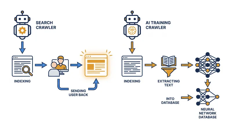 Unlike traditional search crawlers that direct traffic back to a publisher, AI training crawlers extract text to build standalone language models.