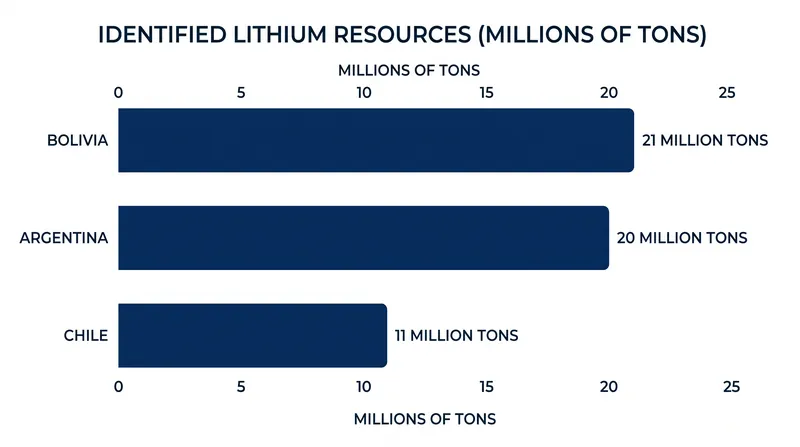 Identified lithium resources in the Lithium Triangle, measured in millions of tons.