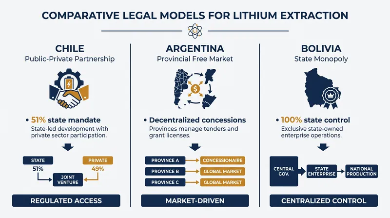 The three distinct legal frameworks governing lithium extraction in the Andes.