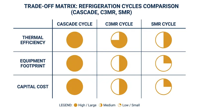 Engineering trade-offs dictate which cycle is chosen based on plant scale and location.