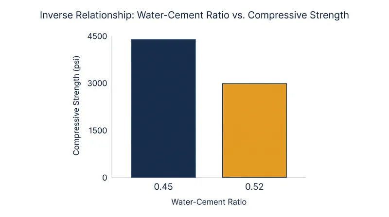 How excess water reduces the compressive strength of cured concrete.