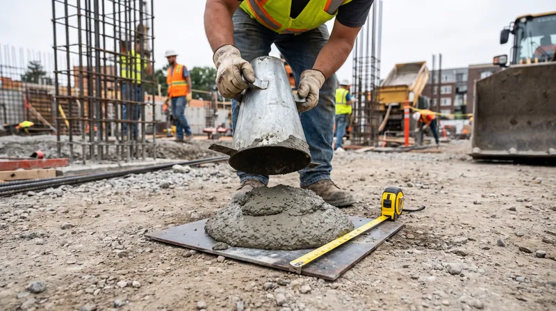 A slump test measures the workability and water content of fresh concrete before it is poured.