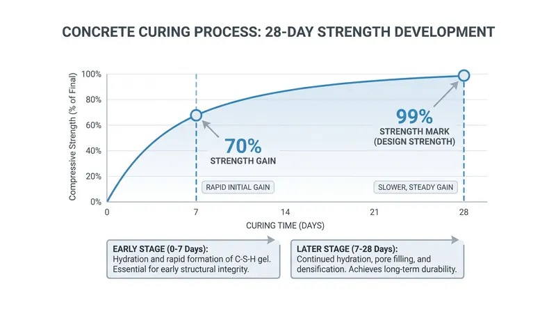 The 28-day timeline of the concrete hydration reaction.